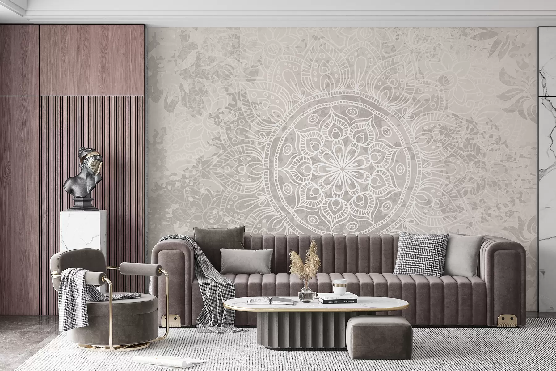 murales de pared Un patrón de mandala blanco detallado sobre un fondo vintage texturizado de color gris claro. w08246