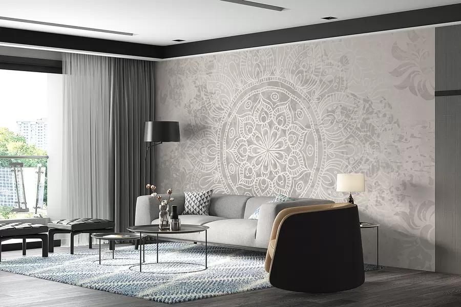 murales de pared Un patrón de mandala blanco detallado sobre un fondo vintage texturizado de color gris claro w08246