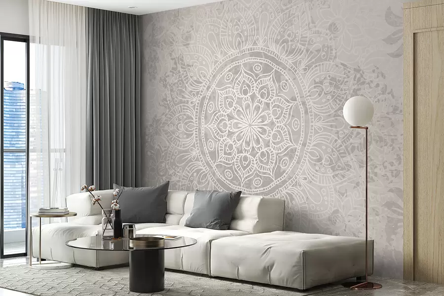murales de pared Un patrón de mandala blanco detallado sobre un fondo vintage texturizado de color gris claro w08246