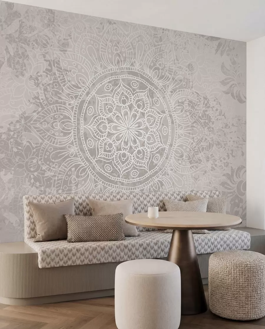 murales de pared Un patrón de mandala blanco detallado sobre un fondo vintage texturizado de color gris claro w08246