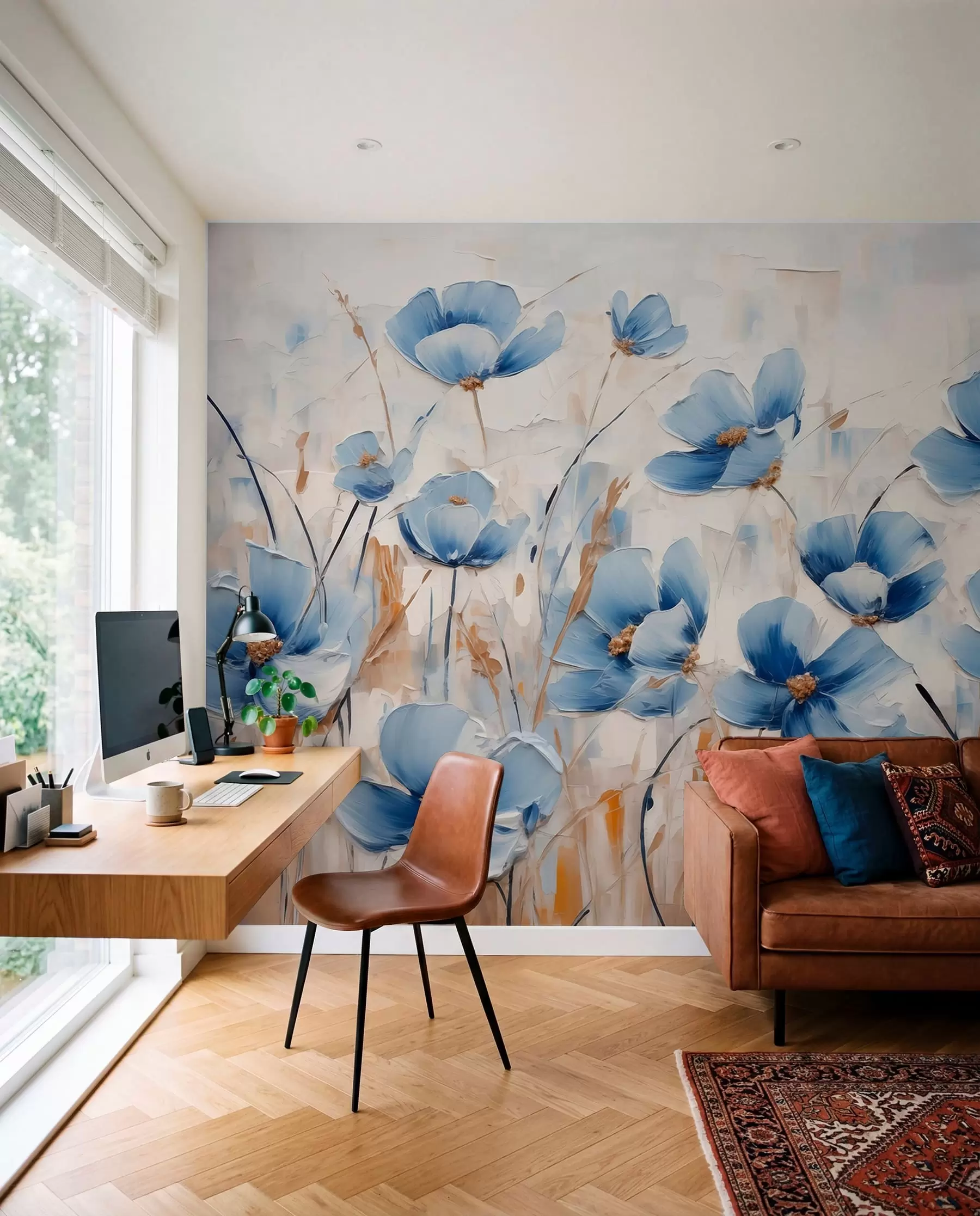 murales de pared Flores azules sobre fondo abstracto, imitación de pinceladas de óleo w01045