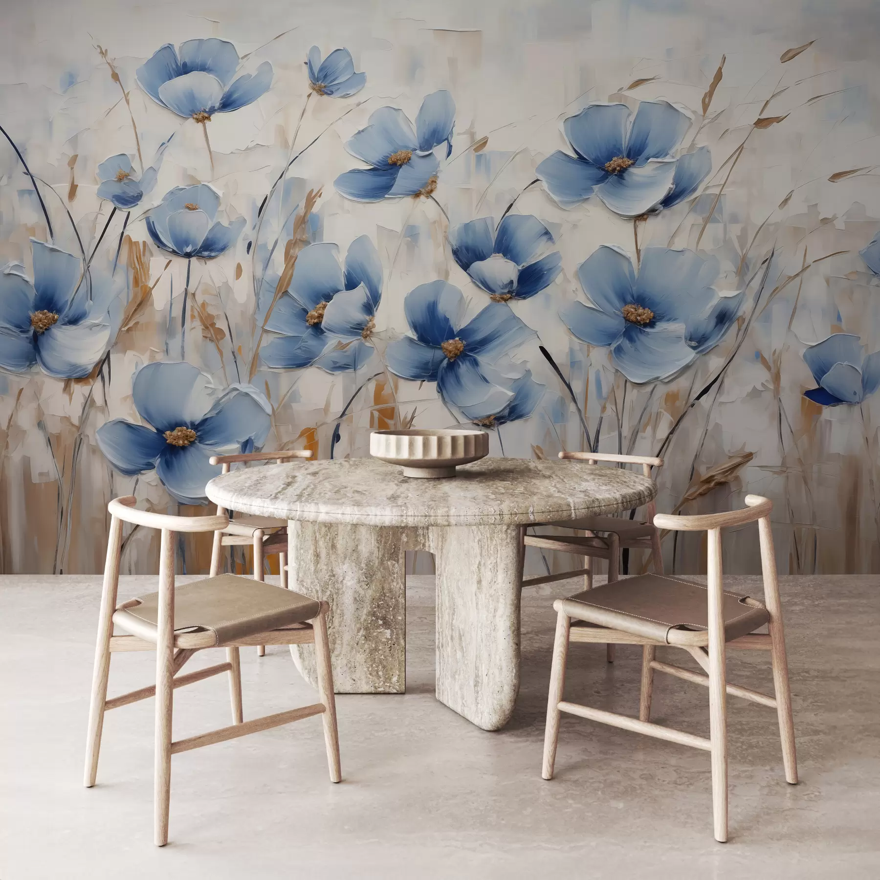 murales de pared Flores azules sobre fondo abstracto, imitación de pinceladas de óleo w01045
