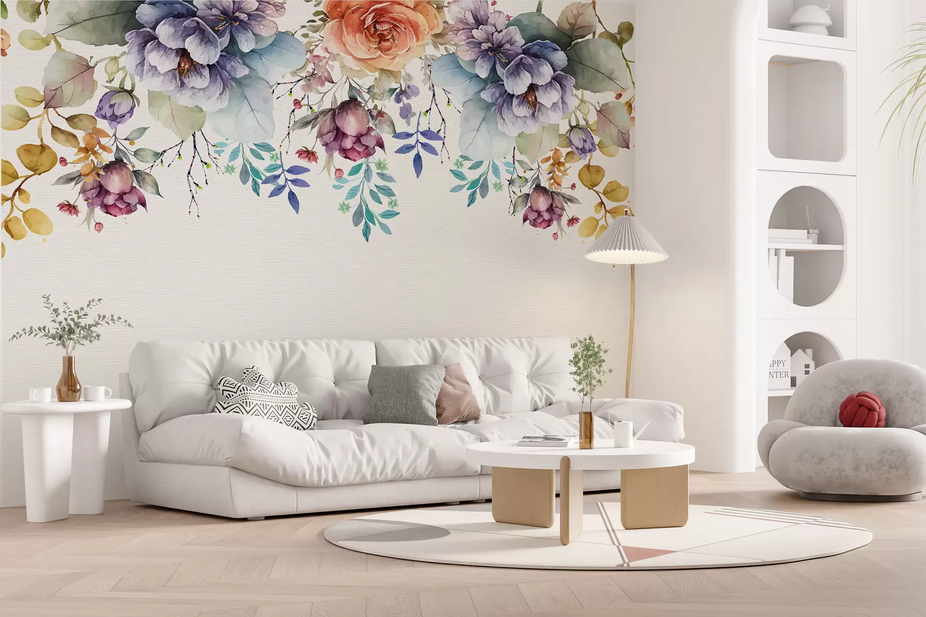 murales de pared Mural de pared floral en colores otoñales sobre un fondo gris lechoso con textura clara w01030