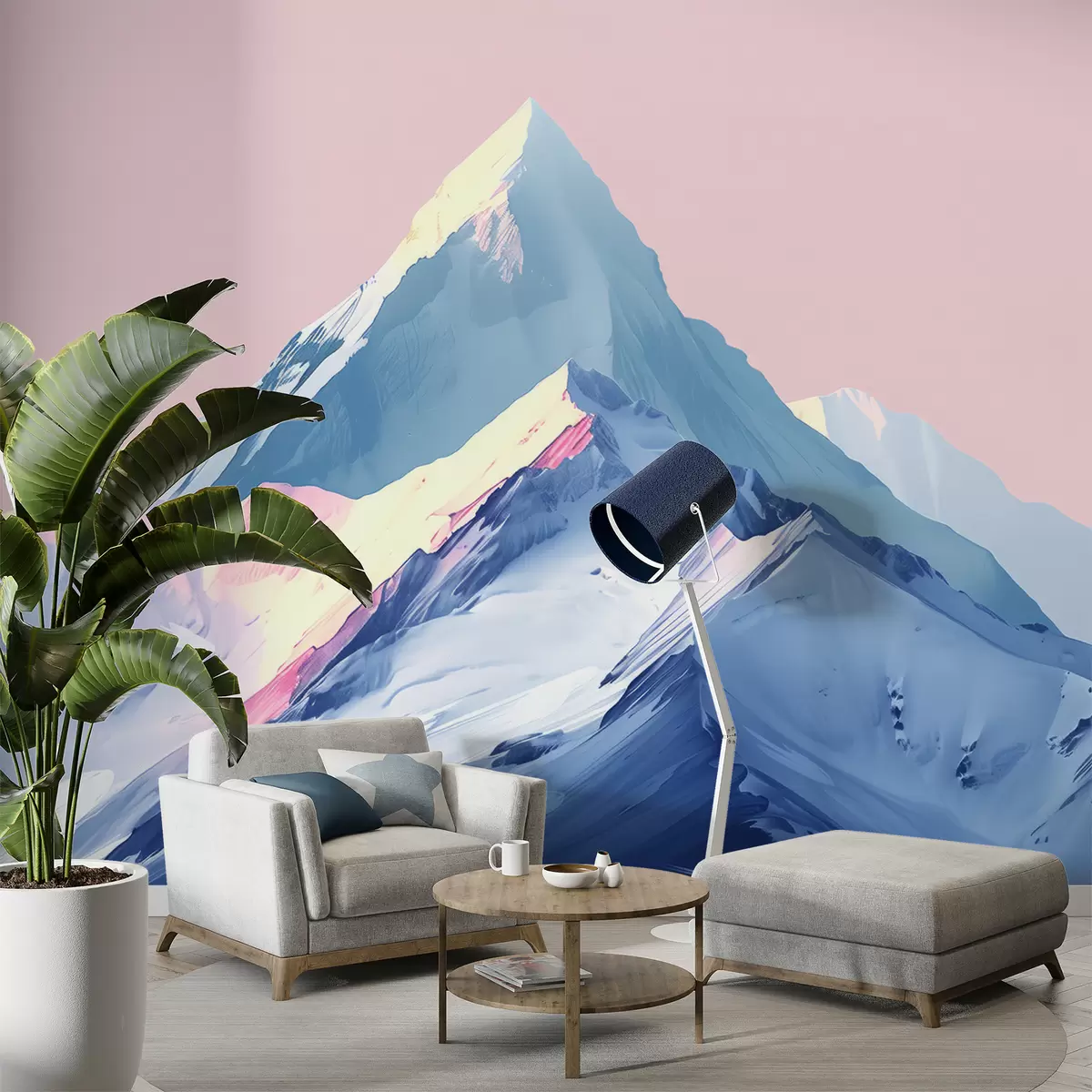 murales de pared Montañas azules y rosas en estilo dibujado. w01497