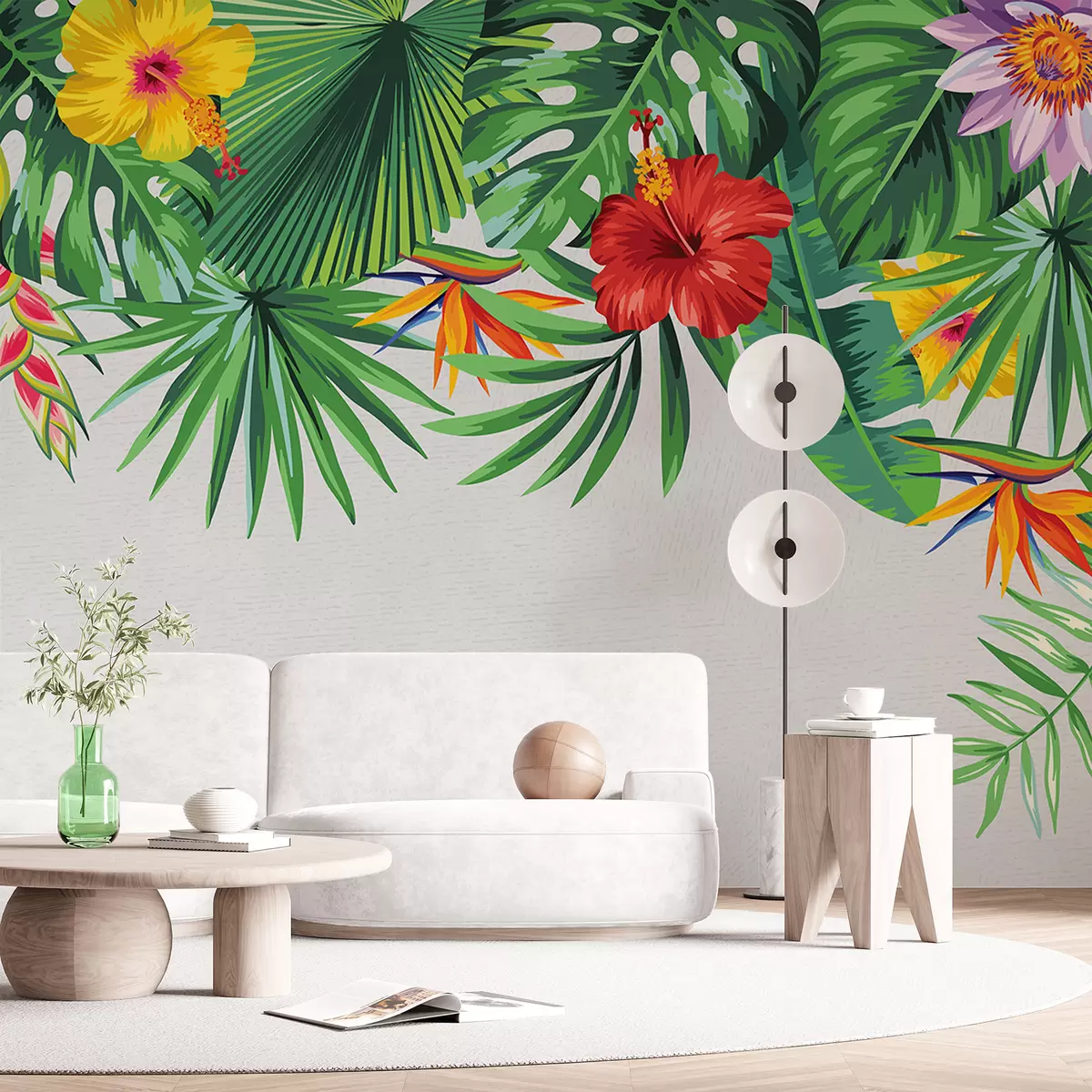 murales de pared hojas tropicales, flores tropicales, hojas verdes, hojas grandes en la parte superior w01085