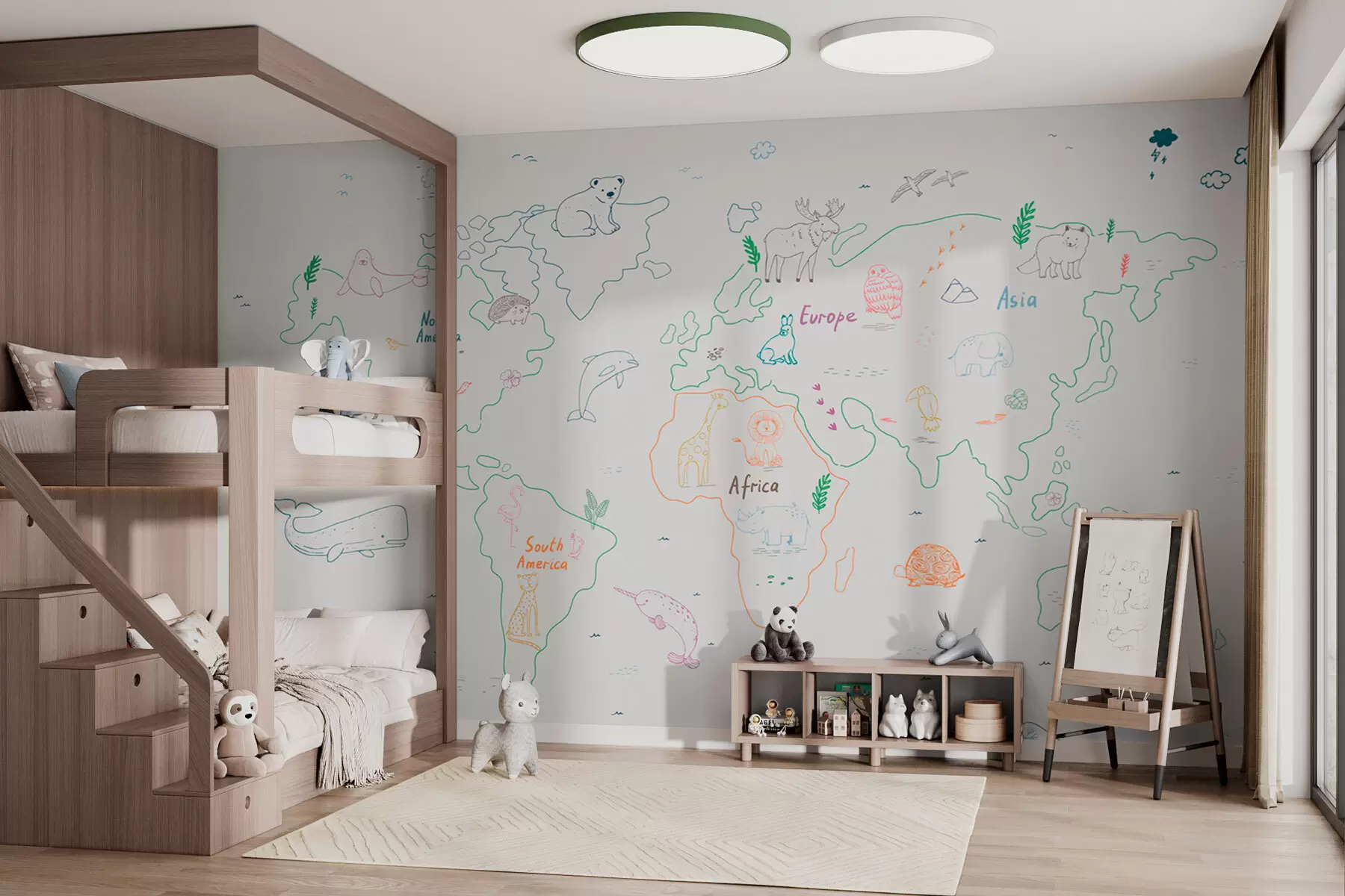 murales de pared Mapa mundial y animales lindos w01502v1