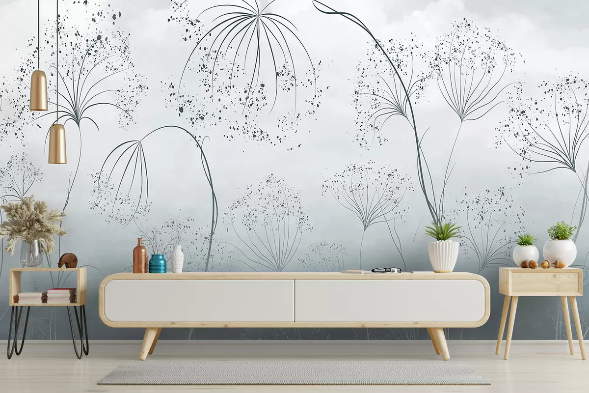 murales de pared Plantas azules, altas y tenues, con delicadas flores en forma de paraguas o cabezas de semillas en un entorno neblinoso y atmosférico w08258v1