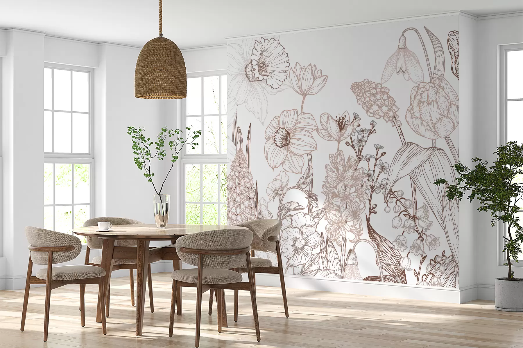 murales de pared Delicadas flores diferentes, rosas y verdes w01577v1