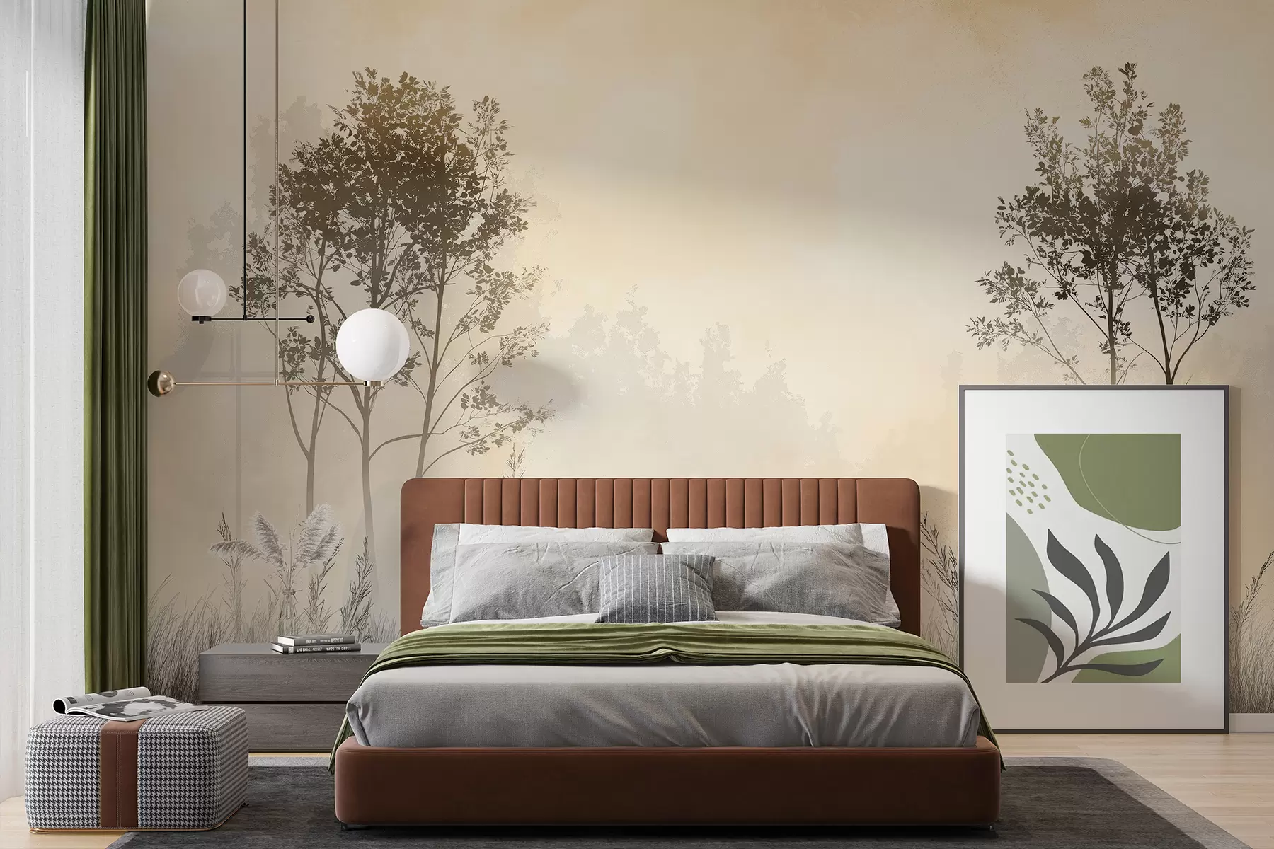 murales de pared Bosque brumoso, paisajes naturales, pradera, árboles, color beige w01547