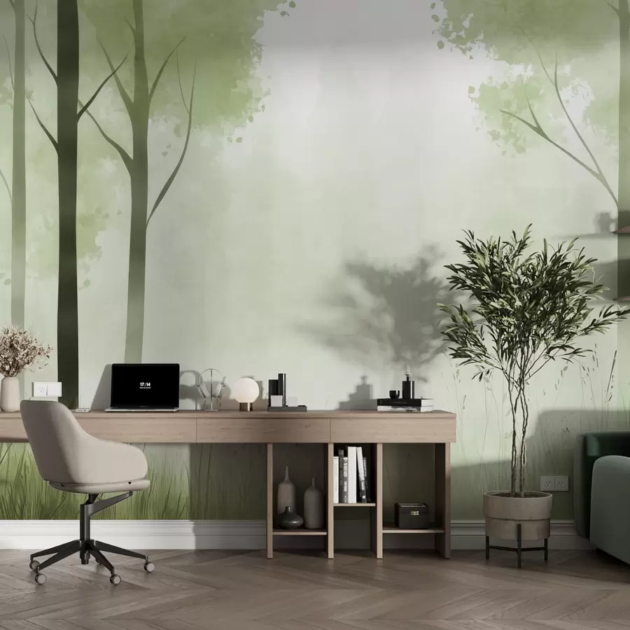 murales de pared Acuarela bosque, niebla, árboles, hierba, paisaje natural, color verde w01563v2