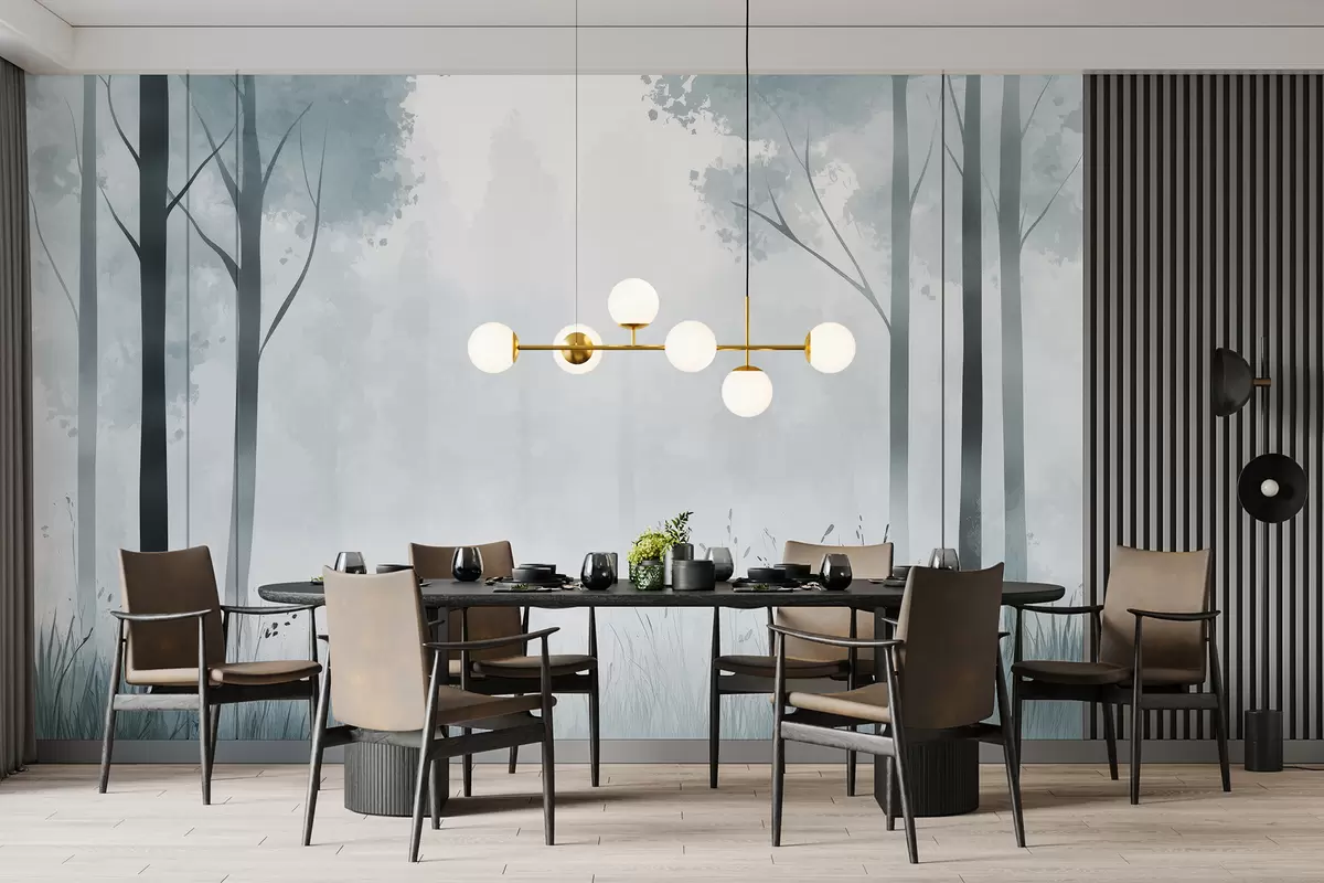 murales de pared Acuarela bosque, niebla, árboles, hierba, paisaje natural, color gris w01563v3