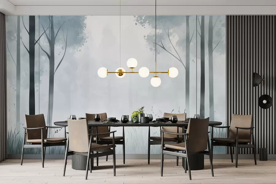 murales de pared Acuarela bosque, niebla, árboles, hierba, paisaje natural, color gris w01563v3