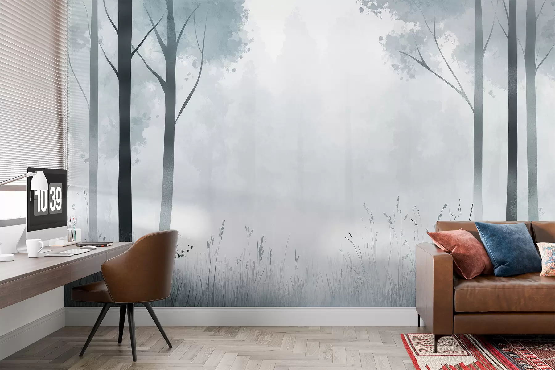 murales de pared Acuarela bosque, niebla, árboles, hierba, paisaje natural, color gris w01563v3