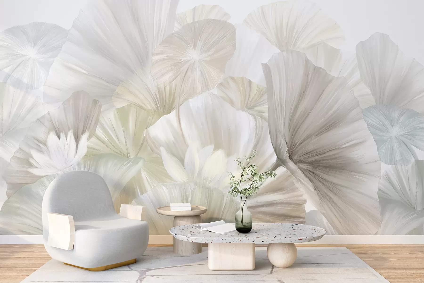 murales de pared Delicadas hojas de loto verde con flores blancas de pétalos suaves y plumosos dispuestas en una composición artística natural w08265