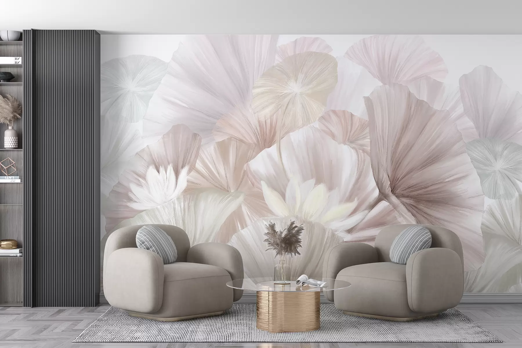 murales de pared Delicadas hojas de loto rosa con flores blancas de pétalos suaves y plumosos dispuestas en una composición artística natural w08265v1
