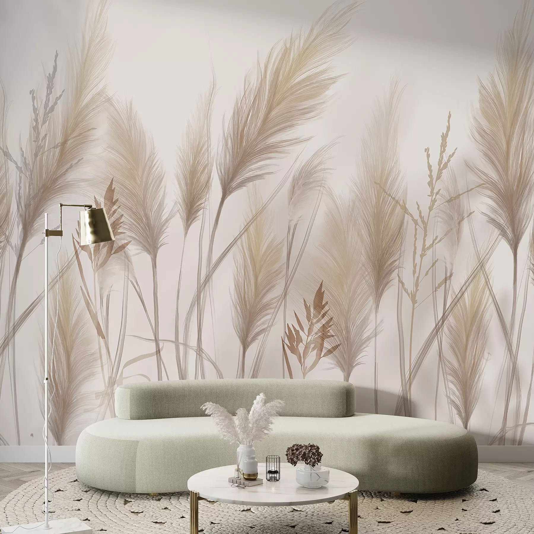 murales de pared Altas espiguillas de hierba beige mecidas por el viento sobre un fondo suave y claro w08268