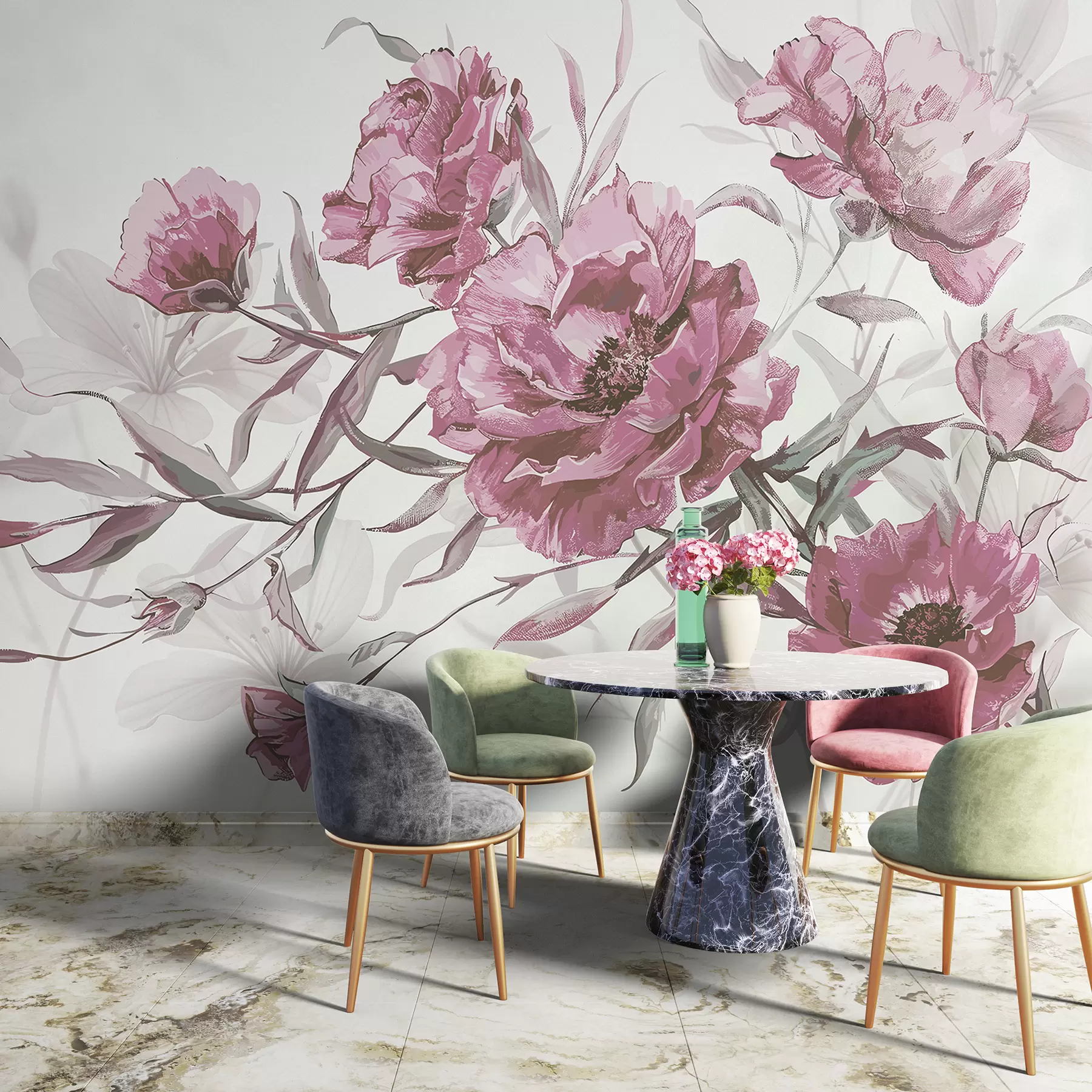 murales de pared Pintura de peonías rosas con exuberante follaje sobre un fondo abstracto claro  w08274