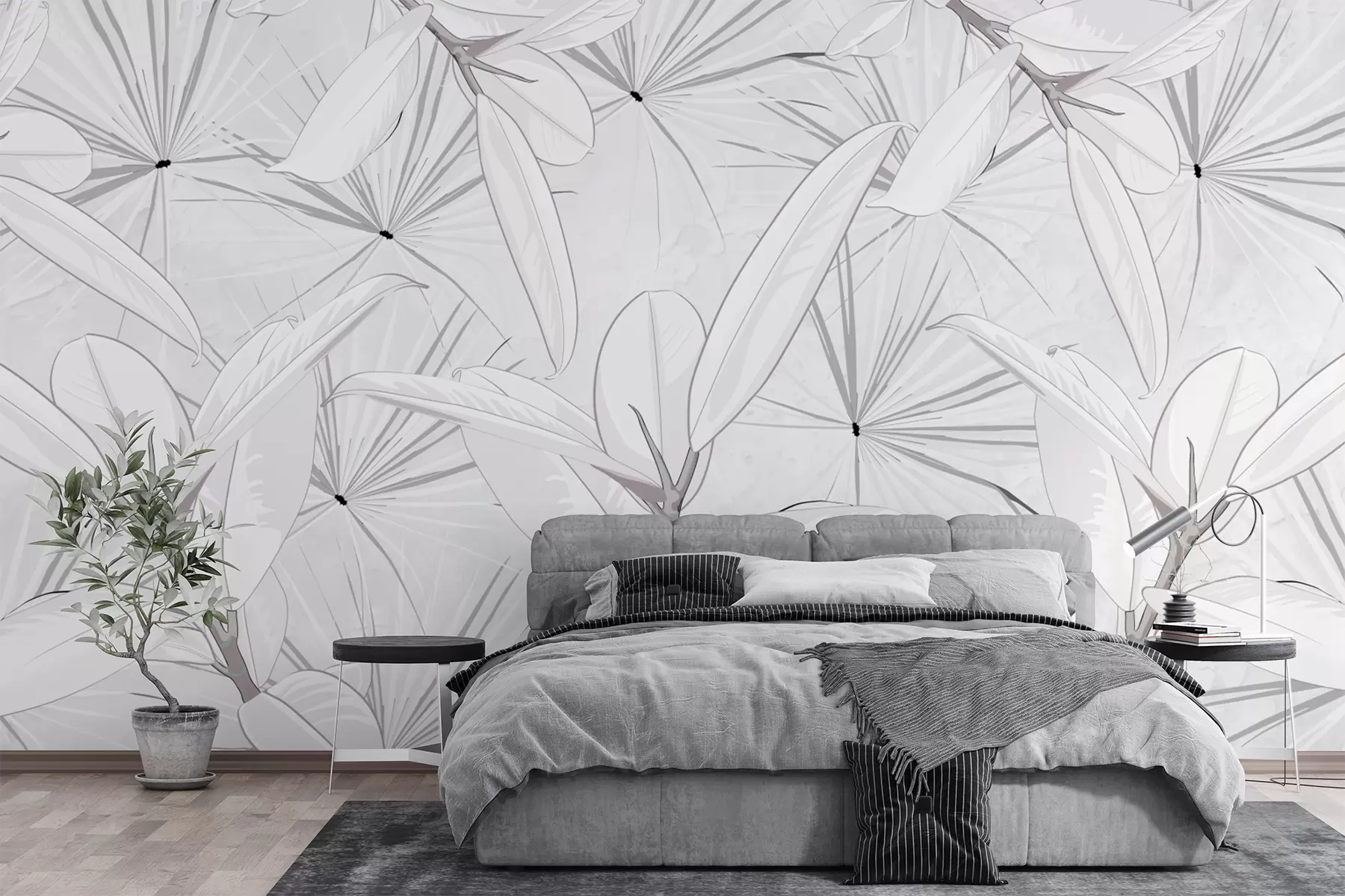 murales de pared ramas con hojas, hojas grandes, ramas grises w01593