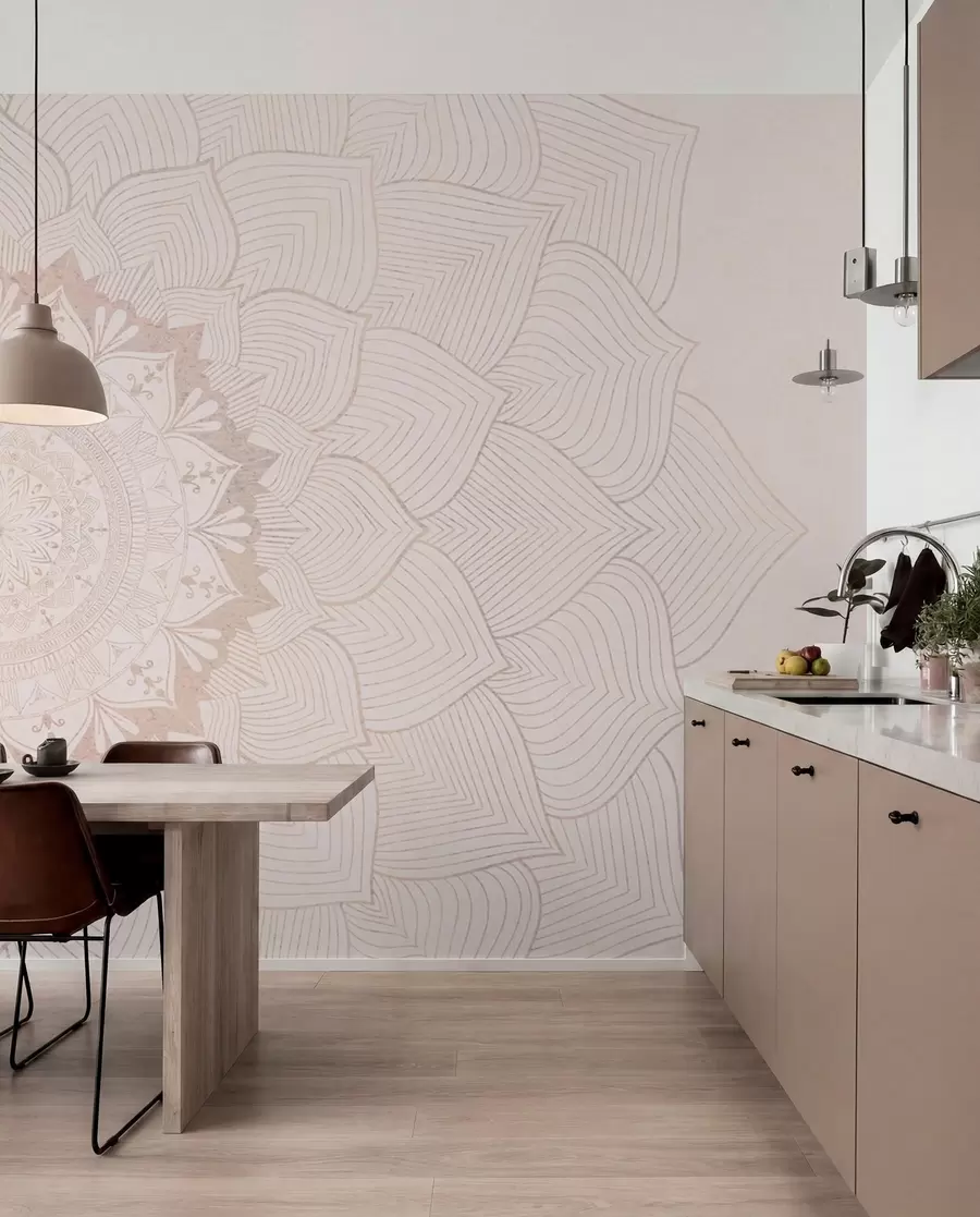 murales de pared Mandala redondo, papel pintado para espacio de yoga o para armonizar el espacio personal. Mandala mural en cálidos colores pastel sobre fondo irregular texturizado w01088