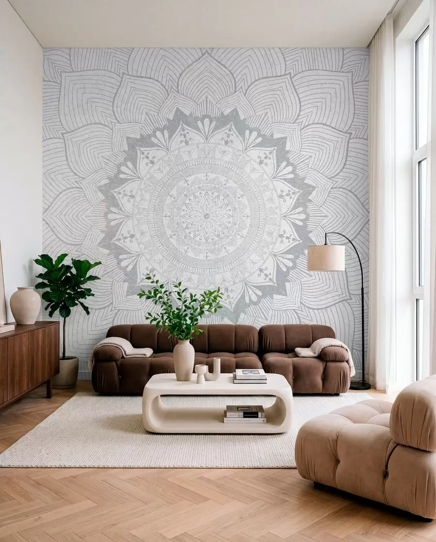 murales de pared Mandala redondo, papel pintado para espacio de yoga o para armonizar el espacio personal. Mandala mural en tonos grises sobre fondo heterogéneo texturado w01088v2