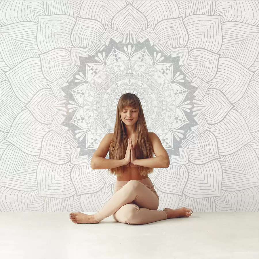 murales de pared Mandala redondo, papel pintado para espacio de yoga o para armonizar el espacio personal. Mandala mural en tonos grises sobre fondo heterogéneo texturado w01088v2