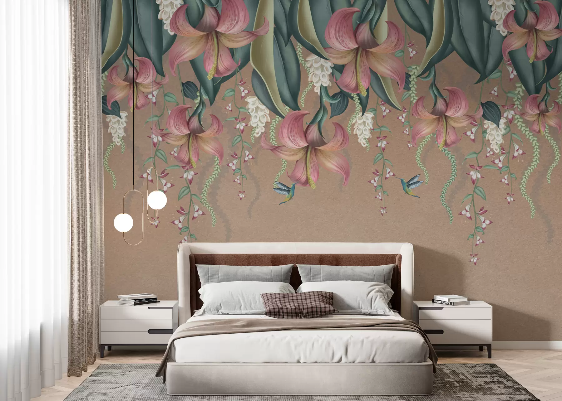 murales de pared Delicado motivo botánico con lirios colgantes, flores y colibríes en una pared grunge w01523