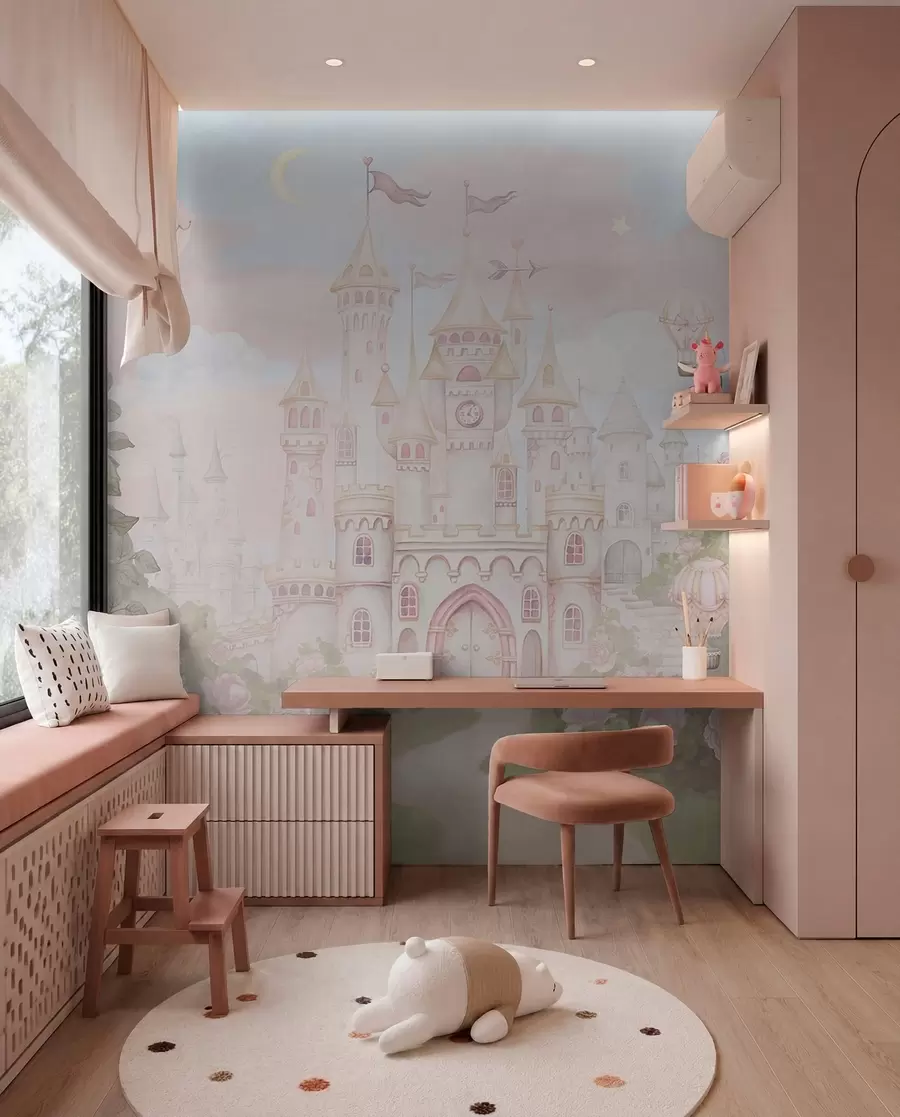 murales de pared Castillo mágico con grandes flores y árboles w01524