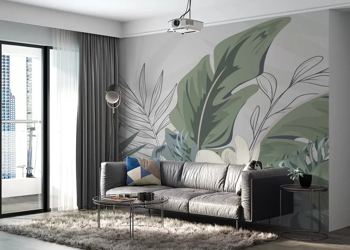 murales de pared Papel pintado Bosque tropical verde de hojas de monstera, palmeras, ramas w01598
