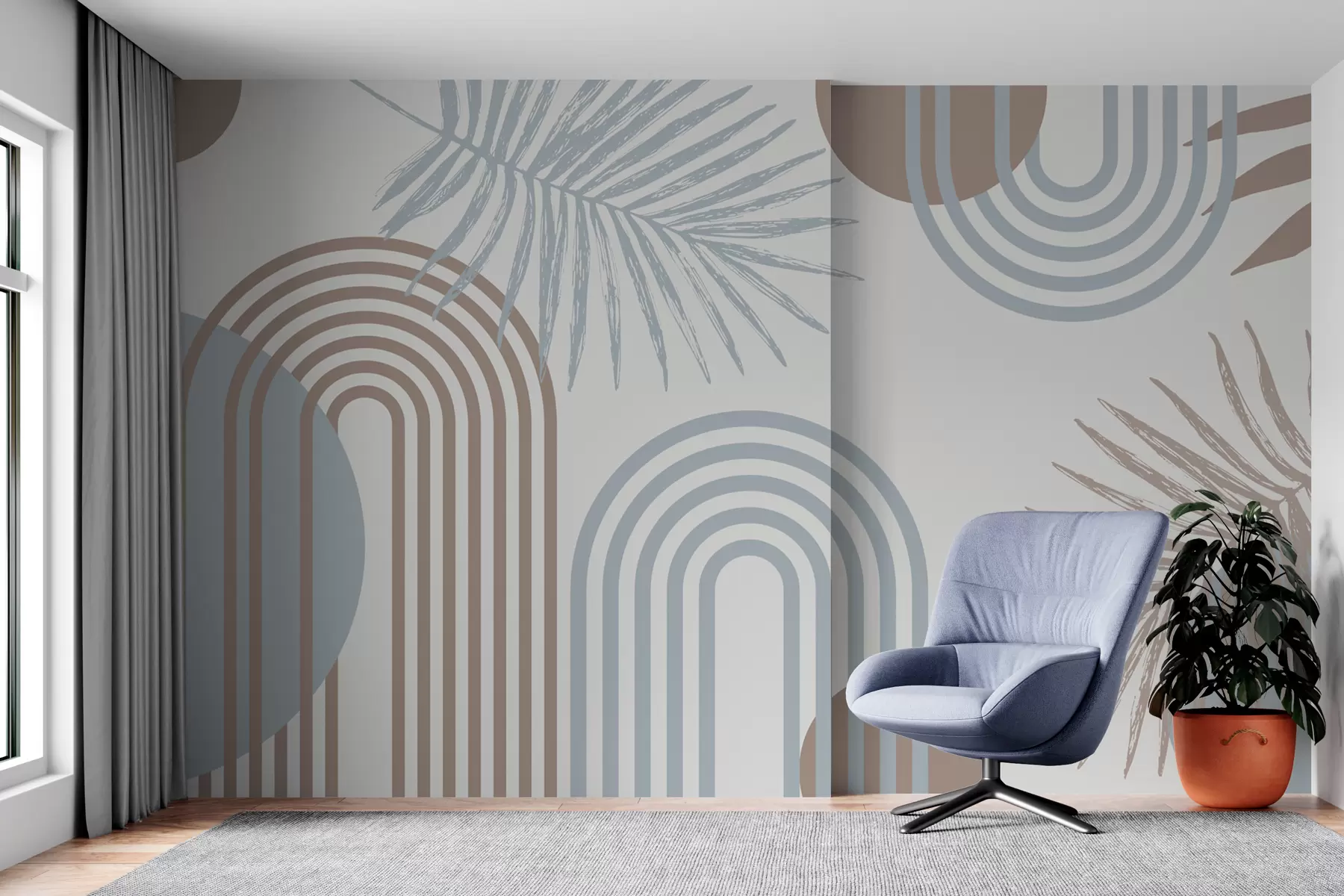 murales de pared Papel pintado con formas geométricas y hojas de palmera de estilo boho w01604