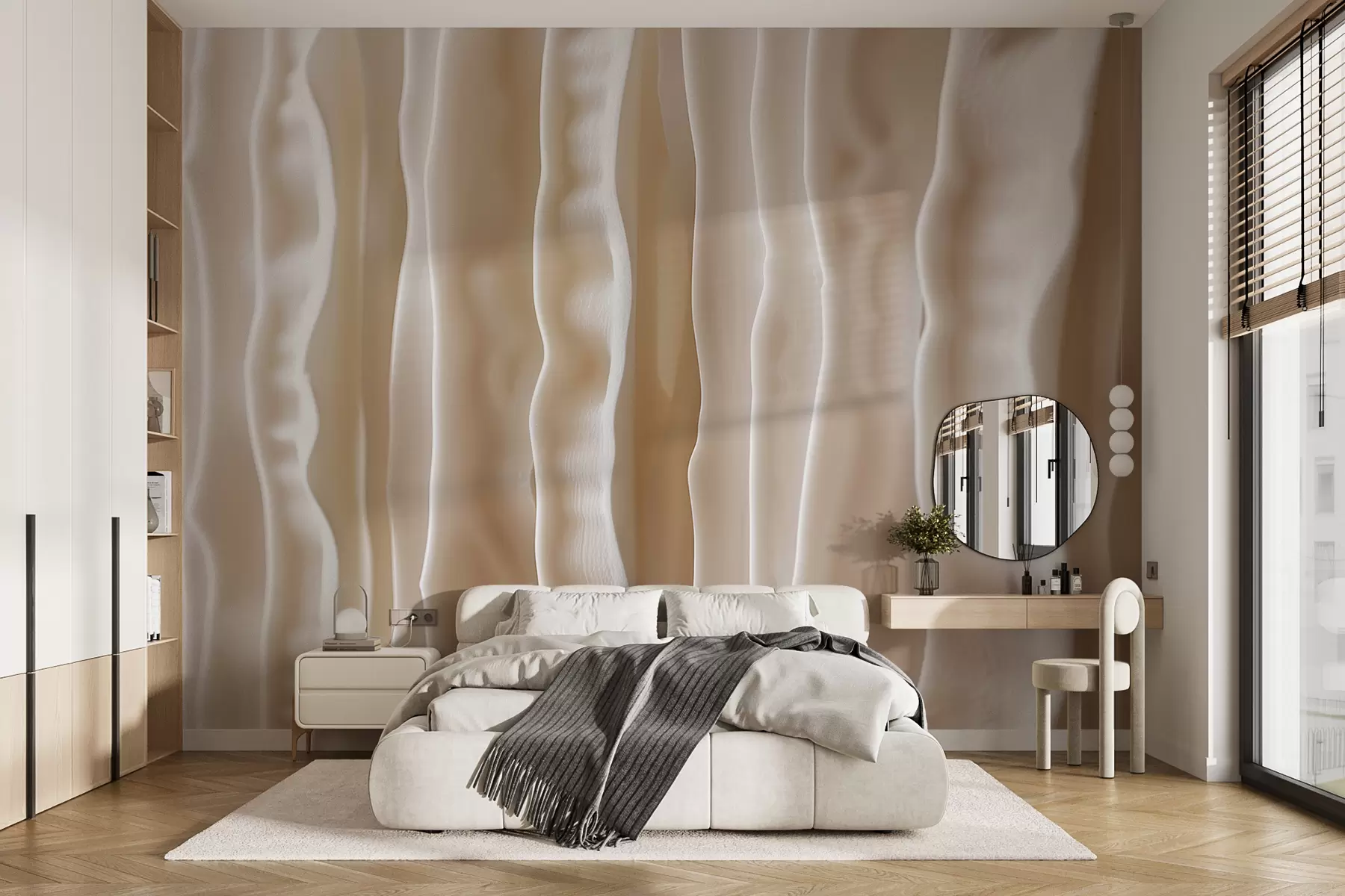 murales de pared Escena abstracta de material orgánico, tallada en 3D a rayas verticales en color beige w01541