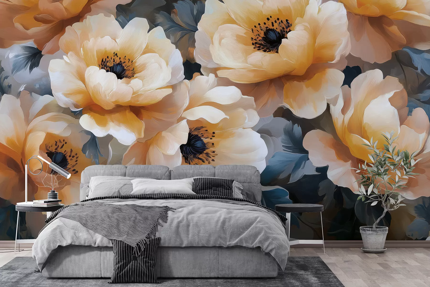 murales de pared Estilo de pintura al óleo floral basado en el color melocotón, flores extra grandes en colores claros w01582v1