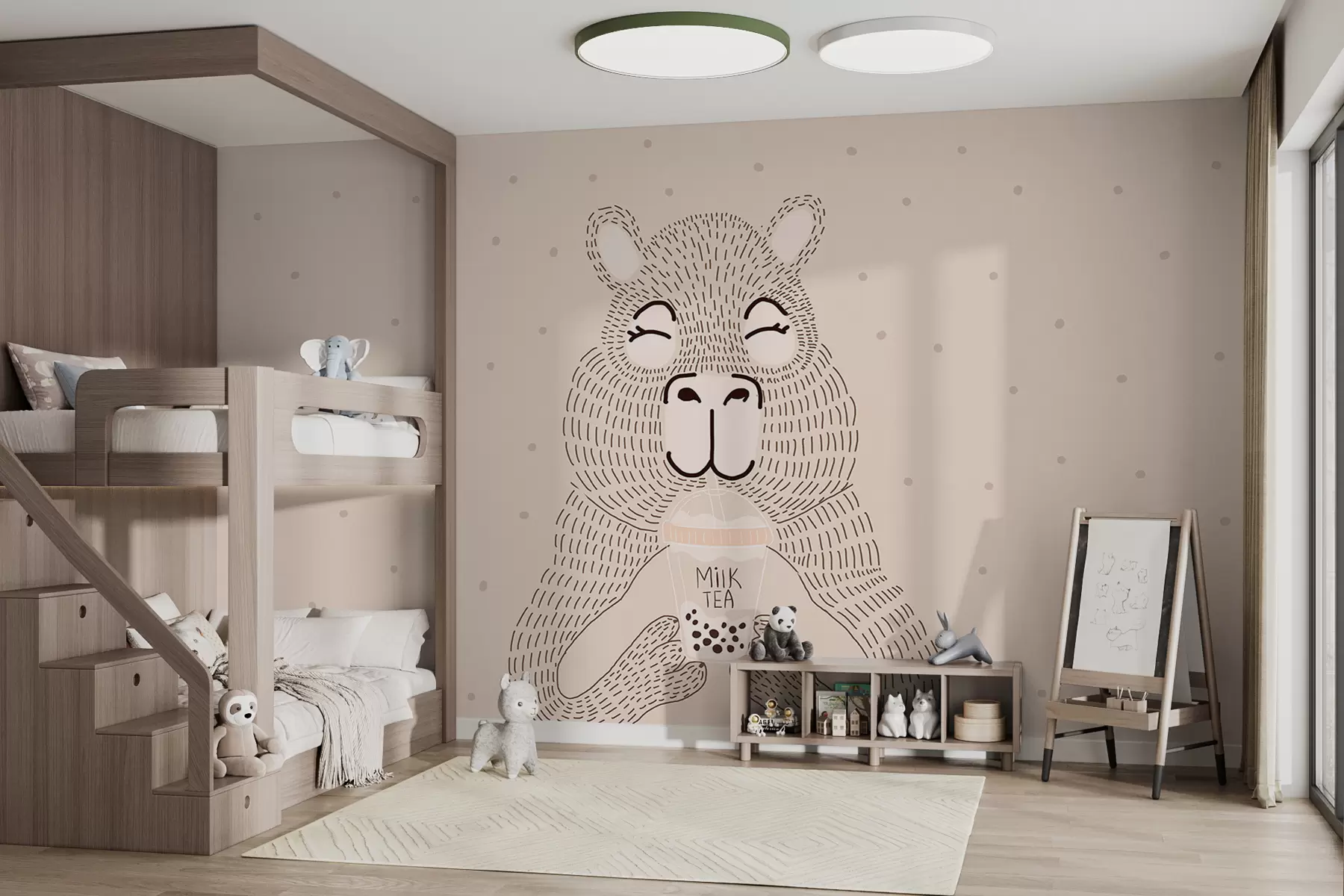 murales de pared Gran lindo carpincho con burbuja camiseta en estilo minimalista de puntos sobre un fondo beige punteado   w01122v1