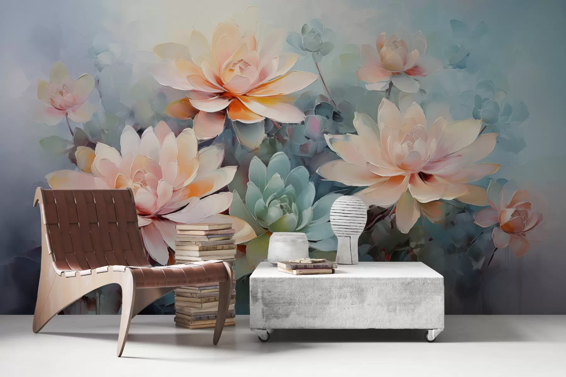 murales de pared Delicadas flores sobre fondo azul grisáceo w01654