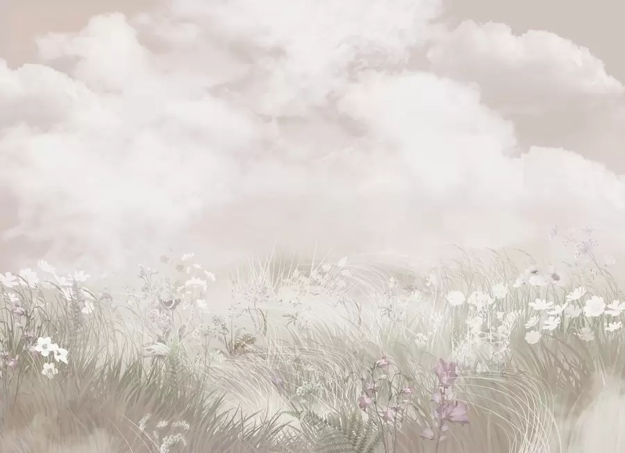 murales de pared Flores silvestres y hierbas con cielo y nubes rosa pálido w01624v4