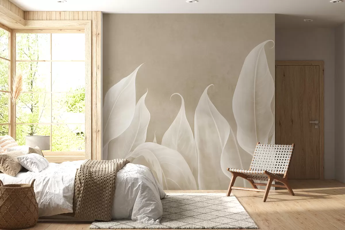 murales de pared grandes hojas blancas sobre fondo beige w01679