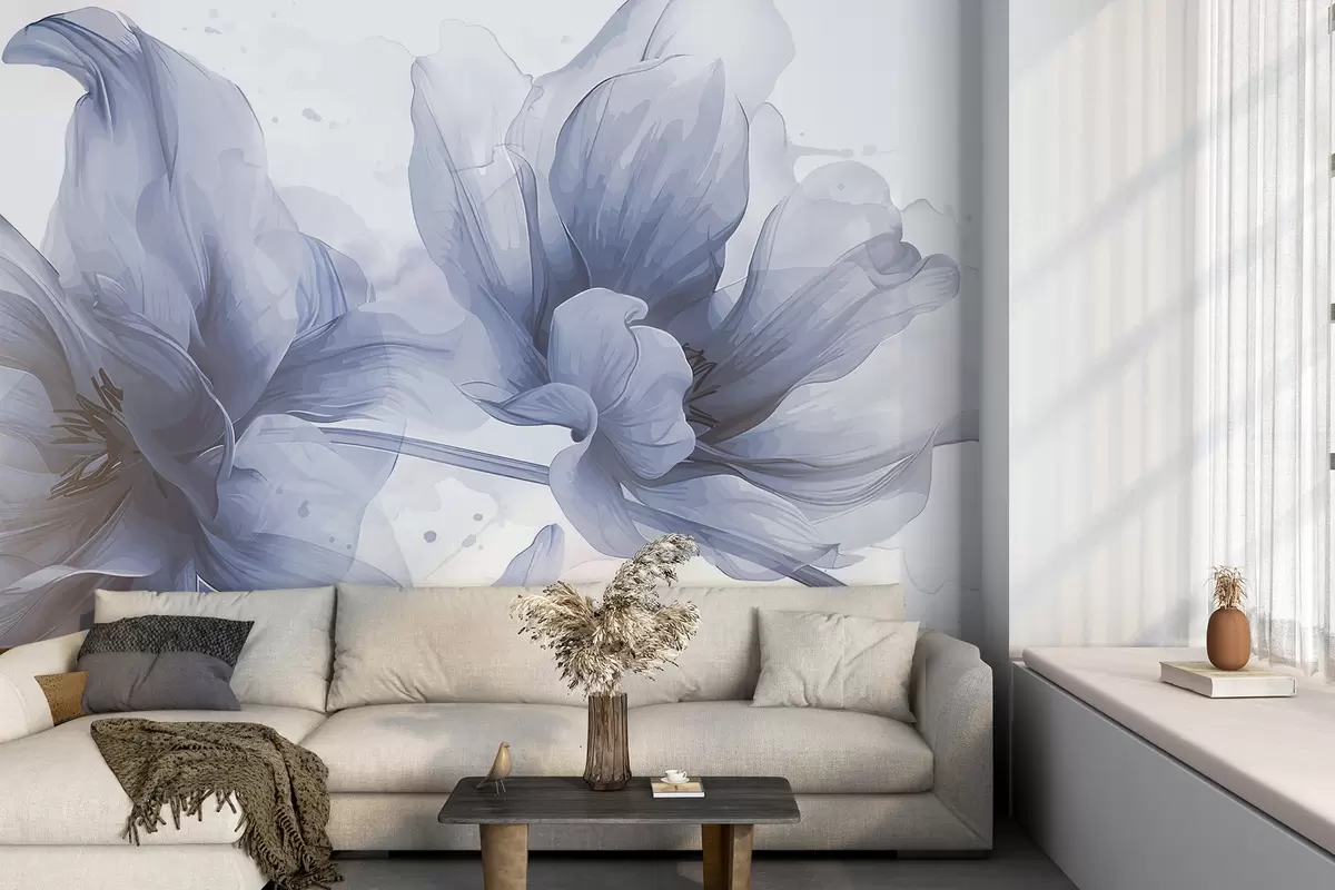 murales de pared Suaves y etéreas flores de dalia azules y blancas con delicados pétalos en capas sobre un fondo difuminado w08308