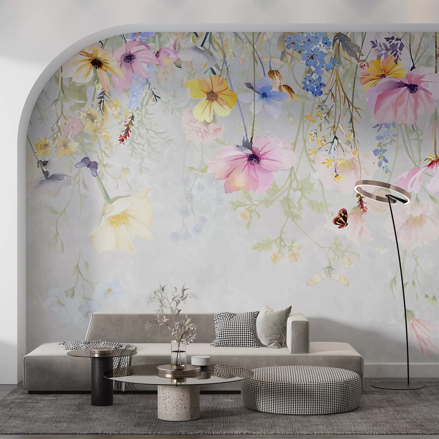 murales de pared Flores de colores con flores rosas, amarillas y azules que cuelgan de la parte superior sobre fondo gris texturizado w08309
