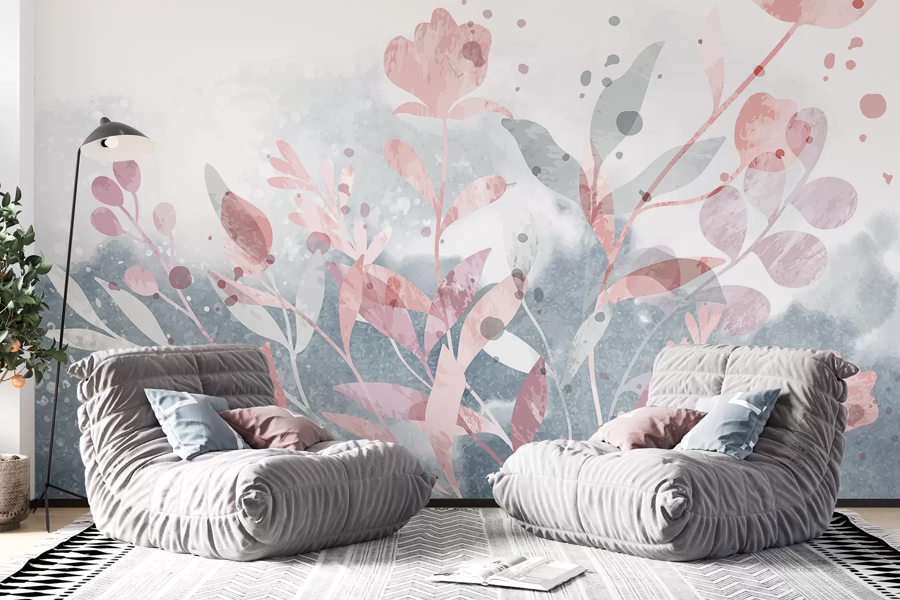 murales de pared Flores de color rosa y azul claro con bordes suaves y difuminados sobre un fondo de acuarela clara w08310