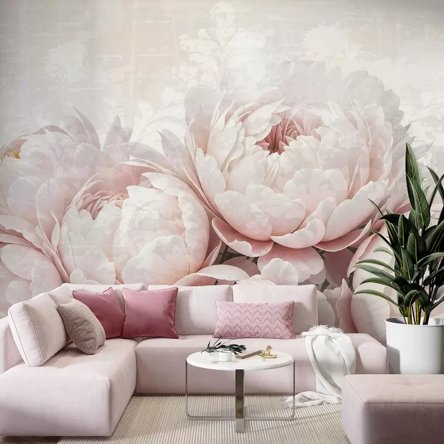 murales de pared Peonías de color rosa suave con delicados pétalos sobre un fondo vintage de textura ligera w08312