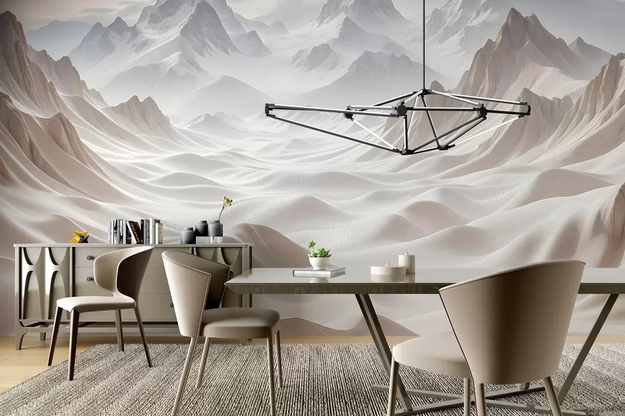 murales de pared Picos montañosos nevados emergiendo de un paisaje brumoso y etéreo con suaves colinas y valles w08313