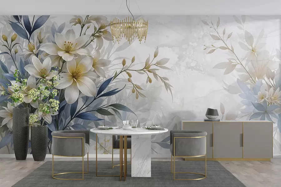 murales de pared Ramo floral blanco, beige y azul con delicadas hojas sobre un fondo suave y difuminado w08314