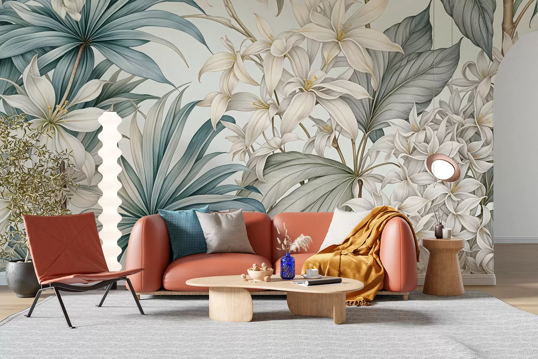 murales de pared Estampado floral tropical con grandes flores blancas y azul claro, hojas verdes y fondo neutro w08318