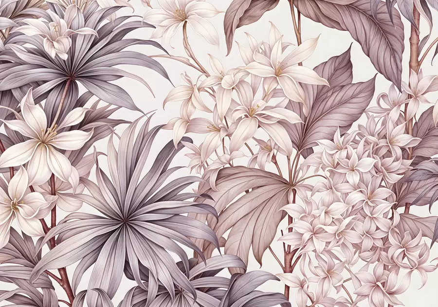 murales de pared Estampado floral tropical con grandes flores blancas y rosa claro, hojas de bordo y fondo neutro w08318v1