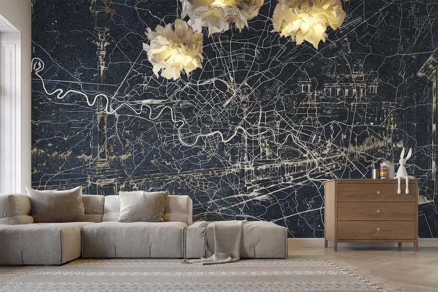 murales de pared Mapa de la ciudad de Roma, dibujo lineal, arquitectura, Italia, colores oscuros w01698v1