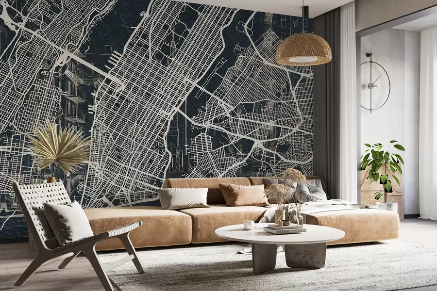 murales de pared Mapa de la ciudad de Nueva York, dibujo lineal, arquitectura, colores oscuros w01699v1