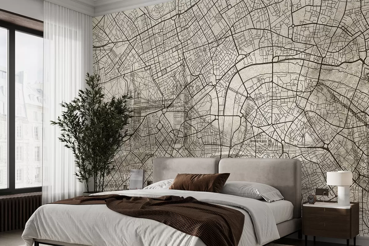 murales de pared Mapa de la ciudad de Londres, dibujo lineal, arquitectura, colores beige w01702