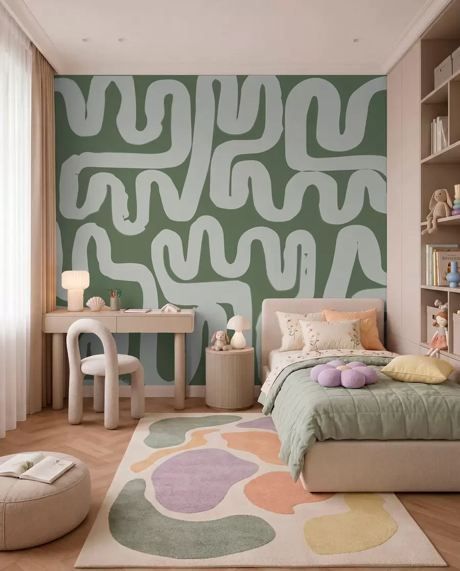 murales de pared Líneas sinuosas verde musgo w01686v3