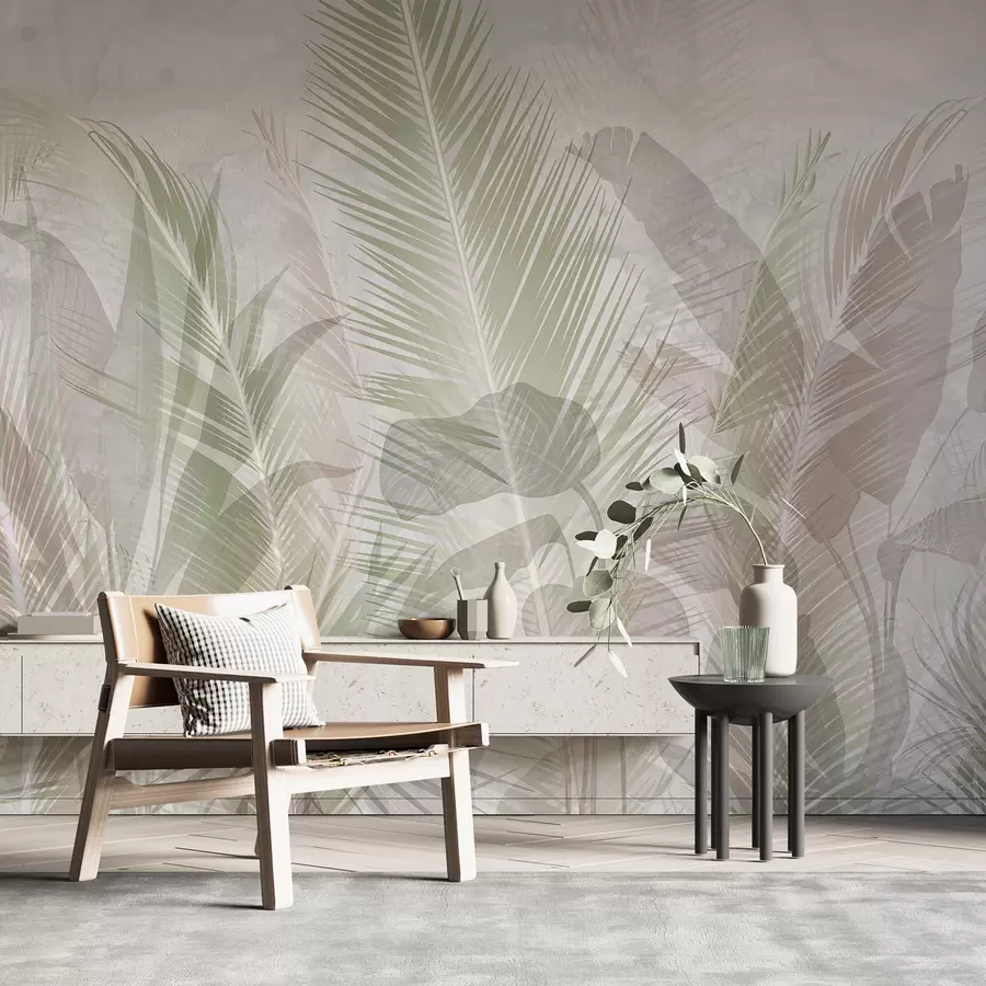 murales de pared Hojas de palmera tropical en suaves colores pastel, con un fondo de textura borrosa y nebulosa w08326