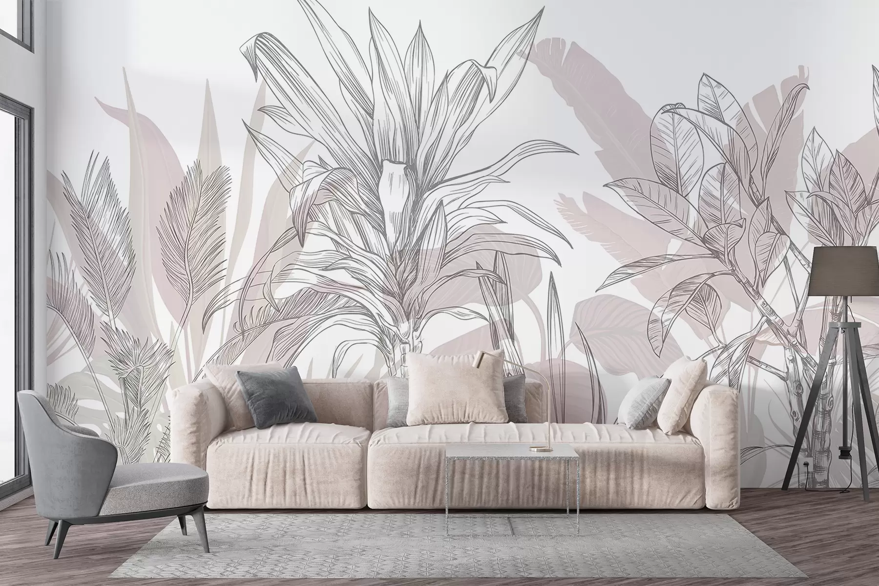 murales de pared Un gráfico de plantas tropicales con grandes y exuberantes hojas y flores en tonos grises y blancos con siluetas florales rosas  w08327v1