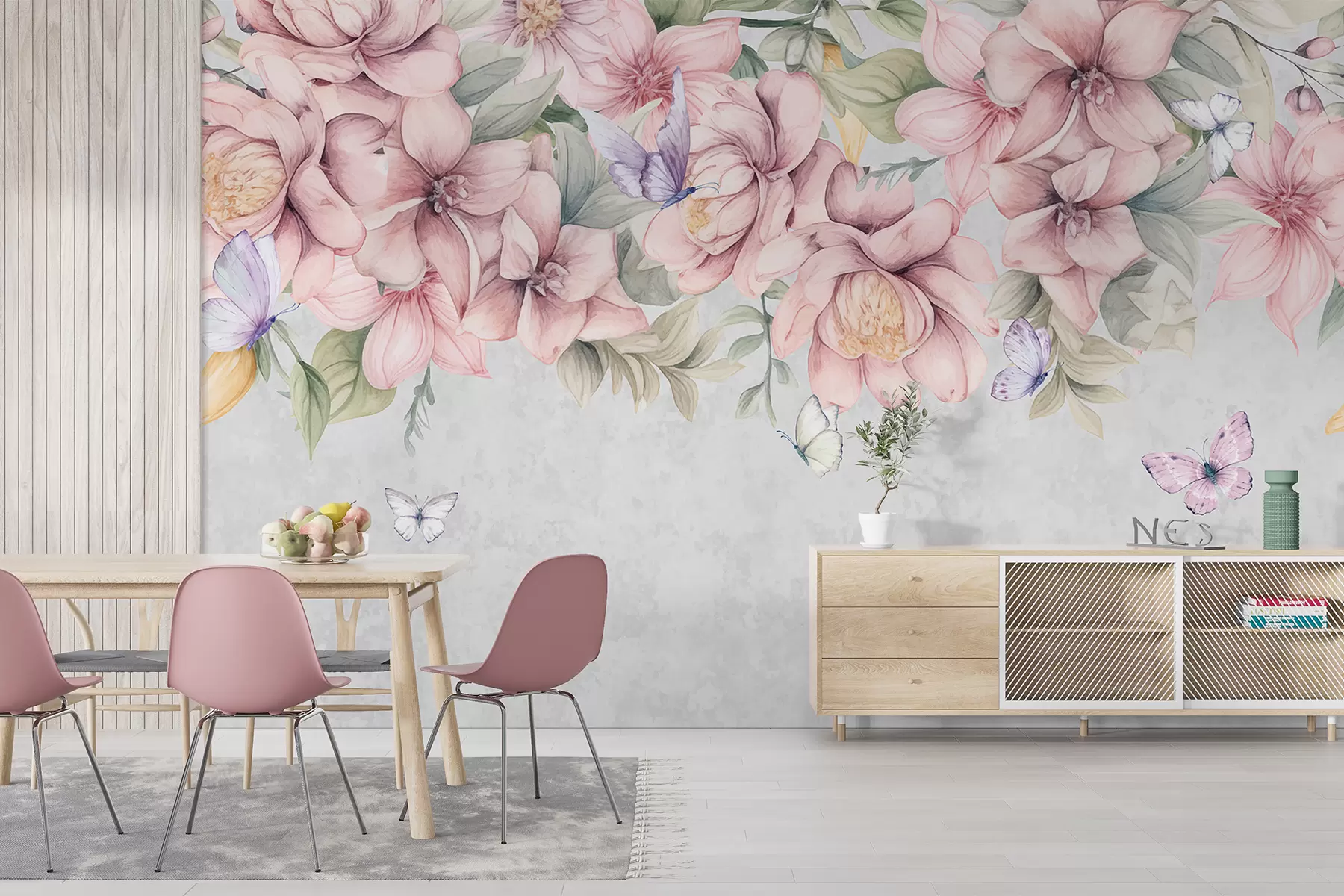 murales de pared Suaves flores rosas y blancas con delicadas flores y hojas sobre fondo gris texturizado w08331